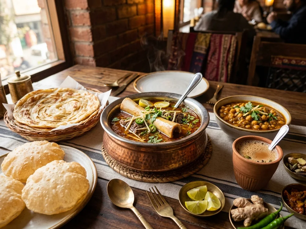 Slow-cooked Beef Nihari, Paye, and Halwa Puri breakfast